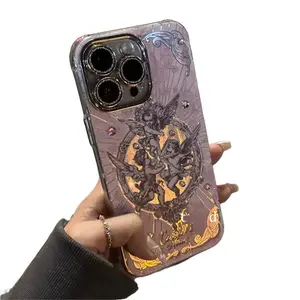 Retro European Cupid Angel Aurora Laser Phone Case For iPhone 16 15 14 13 12 Pro Max INS Glitter Lens Protect Cover Luxury Funda Casing Protection