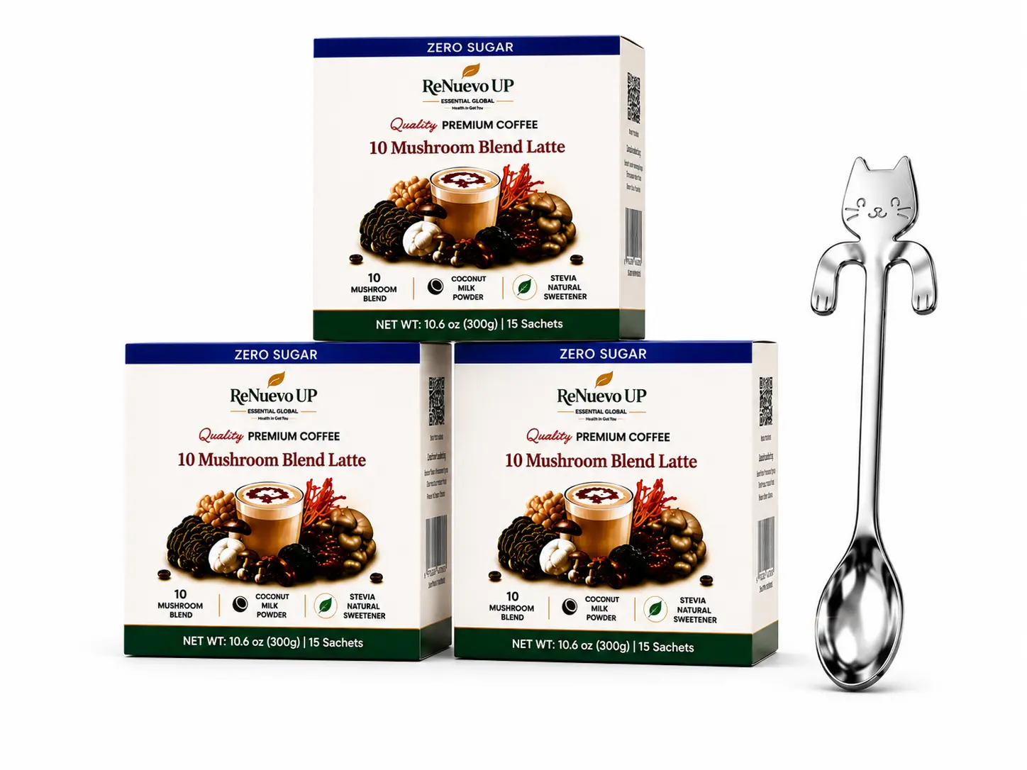 ReNuevo UP 10 Mushroom Blend Latte Mix, 3-Pack with 45 Sachets + Coffee Spoon, Premium Instant Mushroom Coffee, 0 Sugar, Infused with Reishi, Lion's Mane, Cordyceps & Chaga