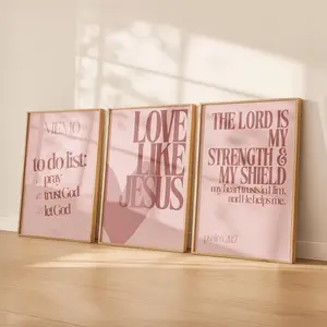 Christian Wall Art Pink Set of 3 | Love Like Jesus Psalm 28:7 Prints | Modern Scripture Art | Pink Bible Verse Decor | Christian Home Decor