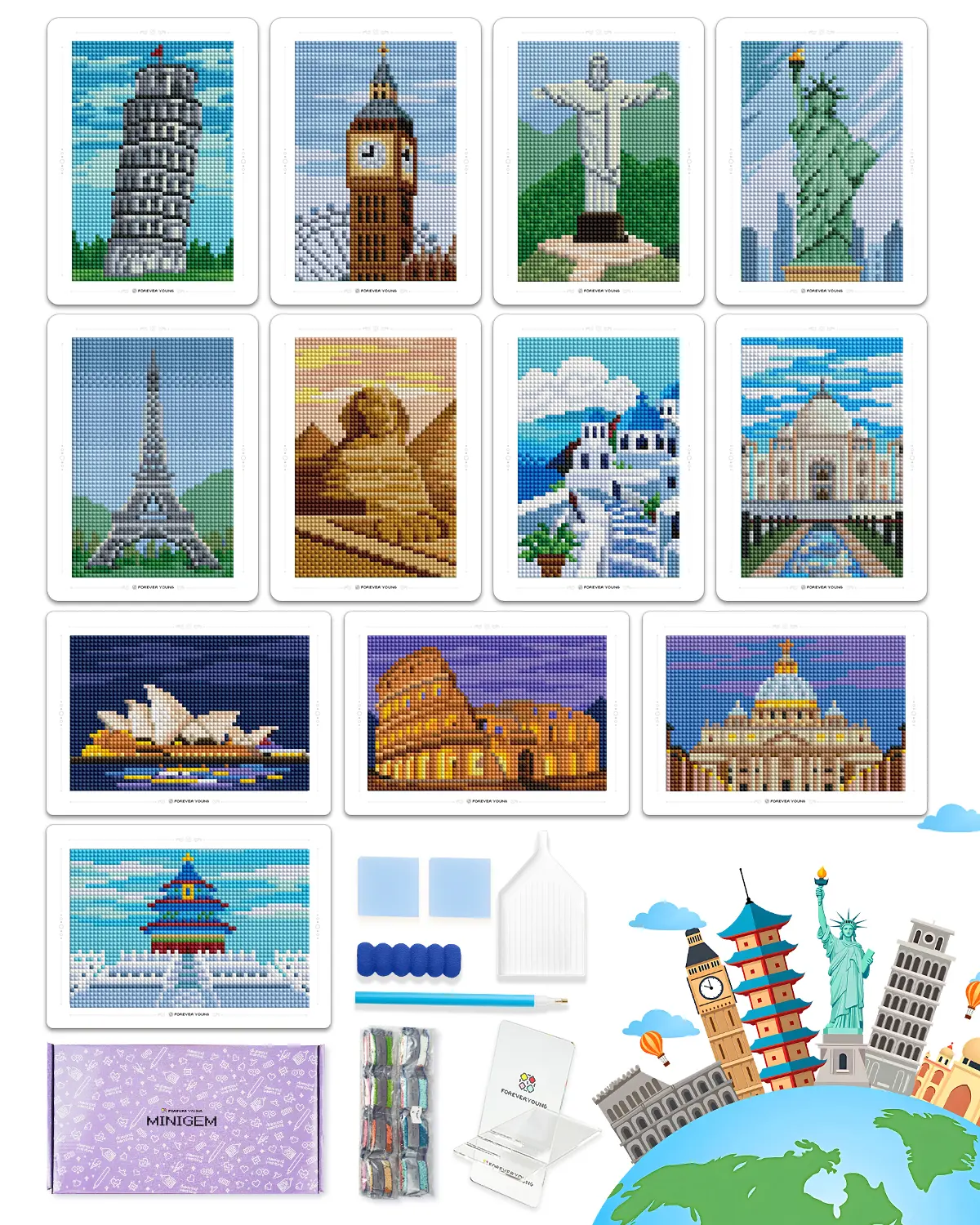 Foreveryoung Minigem Small Diamond Art Kits for Beginners, 12Pcs World-Famous Landmark Square Diamond Painting Kits for Adults, 3-Hour Postcard-Style Mini Diamond Art Kits (5x7 Inch)