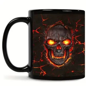 Halloween Style, Coffee Mug, Fiery Skull Design With Glowing Eyes And Cracked Lava Background, Ceramic With Full Color Printing, For Horror Fans And Dark Theme Enthusiasts, 11 Oz Single Piece