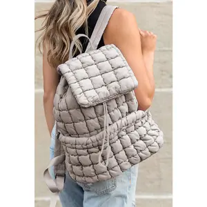Medium Grey Solid Flapped Quilted Puffer Backpack