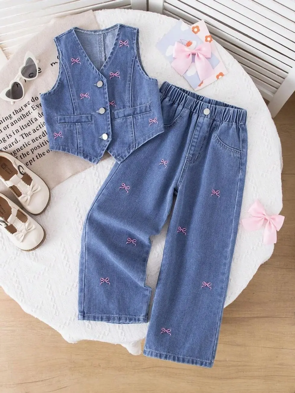 Tops for school - Girls Pink Bow Embroidery Denim Vest And Pants Set, Back-To-School Outfit clean girl clothes cute college girl clothes kids clothing girls back to school clothes trendy tops for school