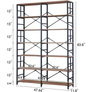 HOMISSUE Bookshelf, Industrial Double Wide 7-Tier Bookshelves, 84" Tall Bookcase with Open Shelves, Heavy Duty Bookcases with Storage for Living Room Home Office, Rustic Brown