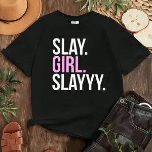 [Girls' SLAY Tee] Youth Fashion Girls' Graphic T-Shirt - Black with SLAY. GIRL SLAY. Letters | Soft Breathable Knit Fabric | Teen & Young Adult Casual Summer Outfits for Everyday & Vacation Wear | Non-Transparent Loose Fit Tee, Comfortable Textile
