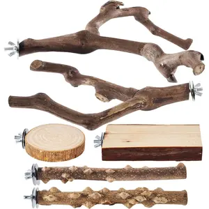 6-Piece Bird Perch Set - Natural Wood Grape Sticks, Paw Grinding Forks, Bird Stand & Toys for Parakeets, Cockatiels, Conure, Budgies