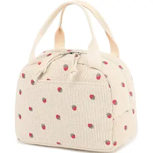 Lunch Bag for Women Men Cute Corduroy Lunch Tote Bags Reusable Insulated Lunch Box Large Capacity Reusable Insulated Cooler for Work Picnic or Travel (Corduroy strawberry)