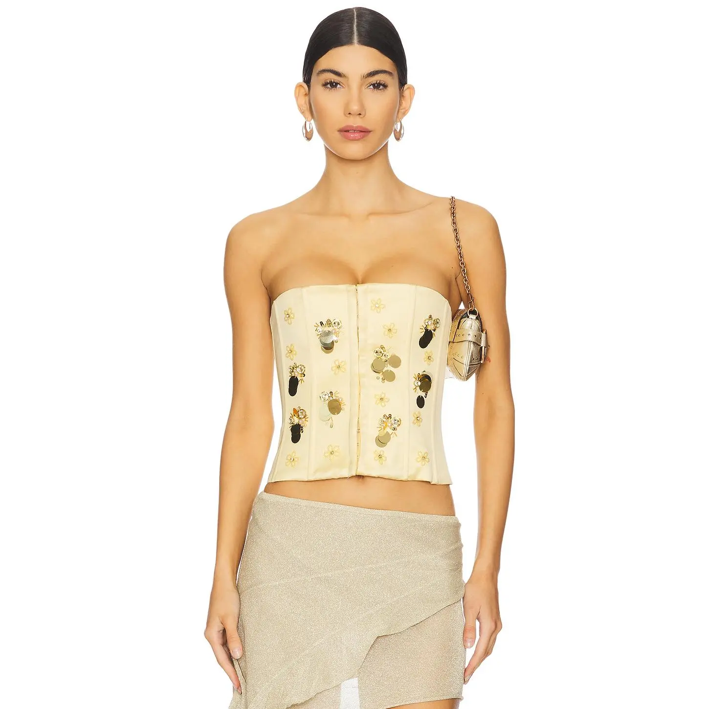 GUIZIO Embellished Satin Corset in Ivory
