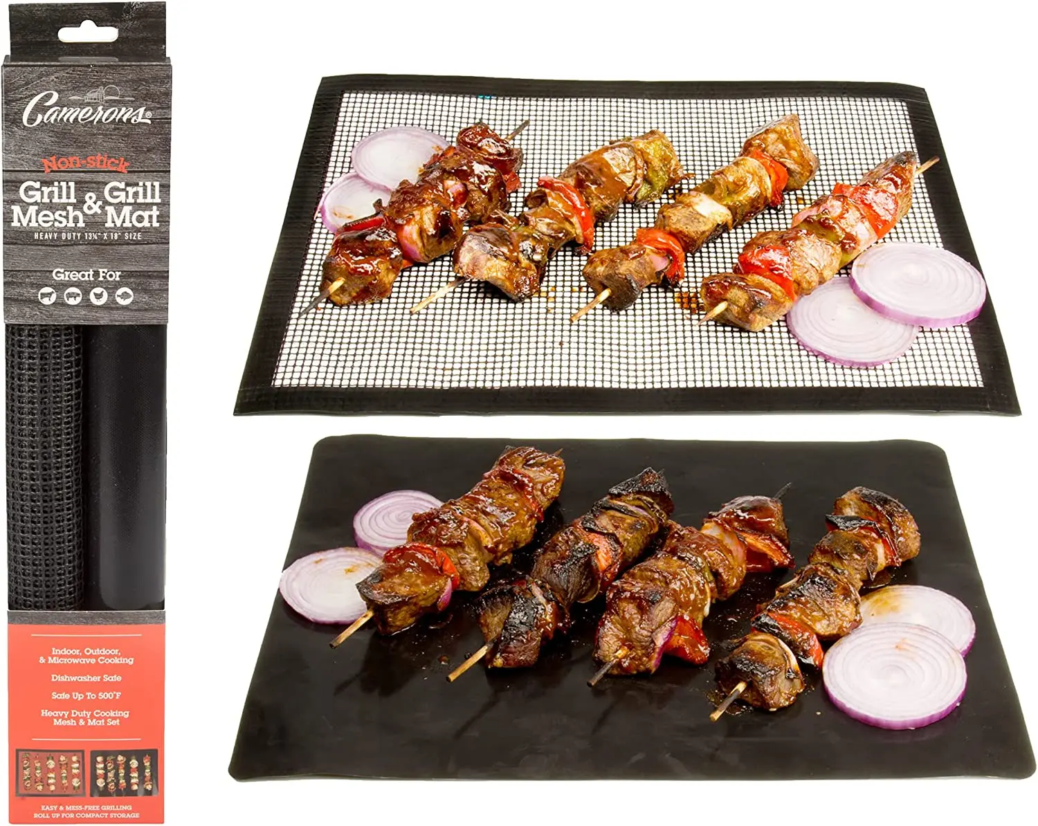 Camerons Grilling Mesh & Mat Combo Pack - Heavy Duty 100% Non-Stick Reusable BBQ Grilling Sheets - Use in Outdoor Grill & Indoor Oven - Heat Safe up to 500Â° F - 13.25"x18" each (2 Pack)