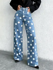 New High-Waisted Elastic Women's Jeans, Casual Polka Dot Design, Loose-Fitting Long Pants, Blue Denim, All Seasons, Floor Length