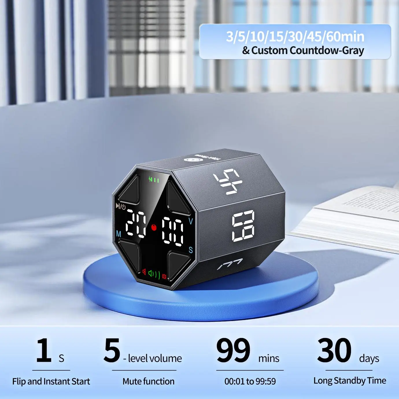 8 gray (3/5/10/15/30/45/60min & Custom Countdown)