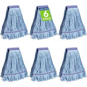 6 Pack Commercial Mop  Replacement - Heavy Duty Mop  for General and Floor Cleaning | Industrial Wet Mops | Washable Refill, , Looped End Mopheads | Hardwood, Concrete