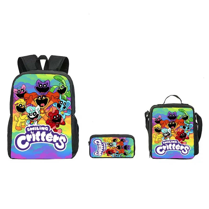 Smiling Critters 3-in-1 Organized School Backpack, Includes Lunch Box & Pencil Case, Lightweight, Large Capacity, Adjustable Straps, Mesh Back Cushioning, Trendy Teen Back-to-School Gift
