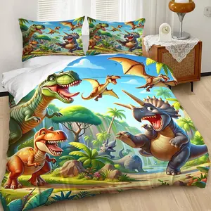 2/3pcs Cartoon Dinosaur Children'S Fun Style Pattern Duvet Cover Set,Q-Version Dinosaur and Tropical Rainforest Scene Bedding Set,Lively and Cheerful Atmosphere,Soft Comfortable, Indoor Use,Including 1 or 2 Pillowcases (No Pillow Core)