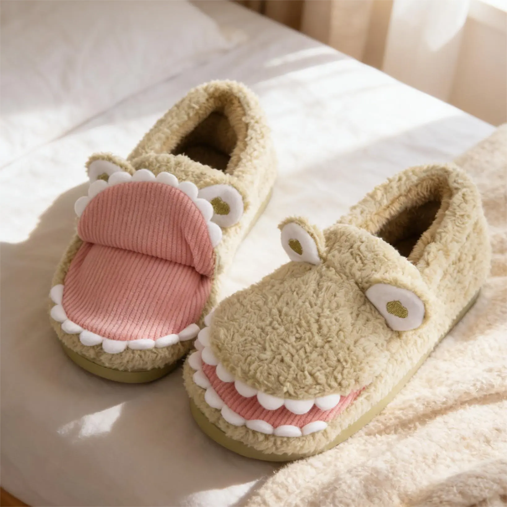Women's Dinosaur Plush Slip-On Slippers - TPU, Casual Fabric House Shoes with Fun 3D Tooth Detail for Indoor Lounging, 3D Teeth Detail, Flat Sole, Playful Look, Cute
