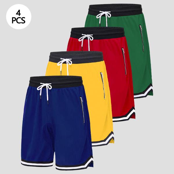 Men&rsquo;s casual athletic shorts with zippered pockets, breathable polyester fiber, elastic waistband, available in multiple colors; basketball shorts and sportswear suitable for running, training, and fitness.