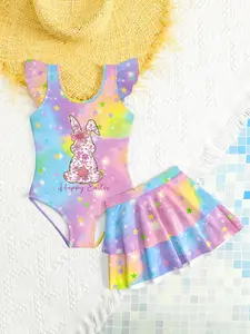 Easter Bunny Rainbow Starry Sky Print Halter Neck Bodysuit & Sequined Cover Skirt Set, Boho Style Slim-Fitting Two-Piece Swimsuit