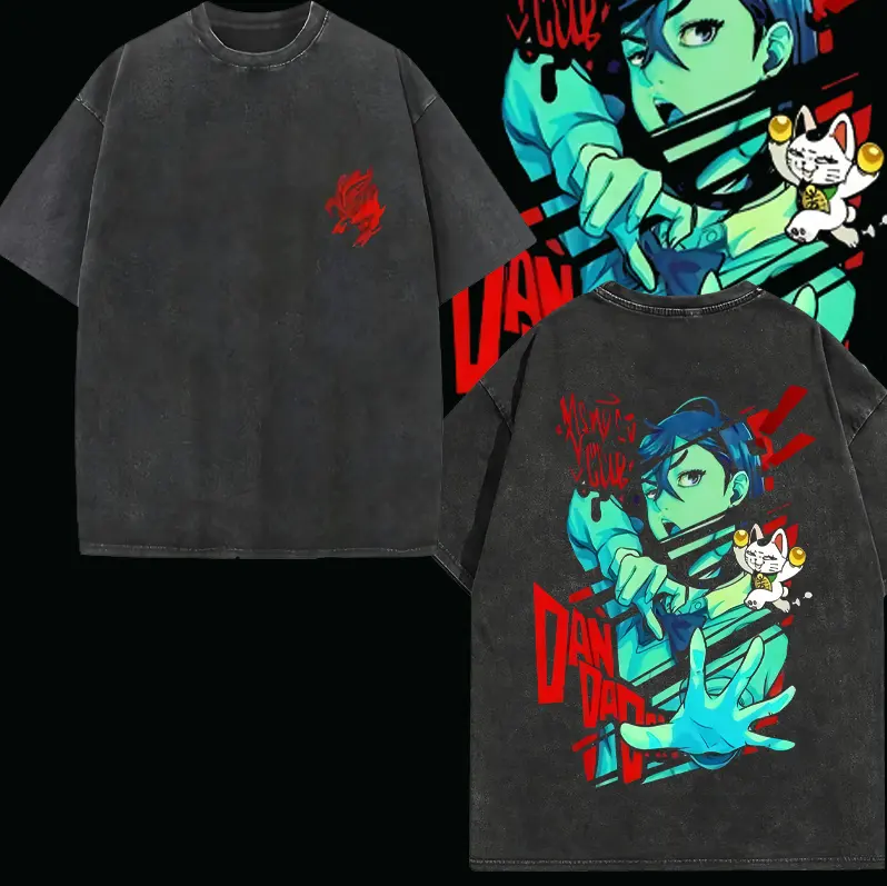 Men's 260GSM Oversized Fit Casual Short-Sleeve Anime Tee - Dual Side Print, Whimsical Art, Print Detail, Distressed Vintage Streetwear, Festive Cotton, Round Neck, DanDaDan Spirit Slash Superstition, for Chaos Fans, Menswear, Tshirt