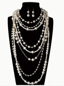 Exaggerated Multi-layer Faux Pearl Decorated Necklace & Dangle Earrings, Elegant Jewelry Set for Party, Daily Decor, Trendy All-match & Exquisite Jewelry for Birthday Gift