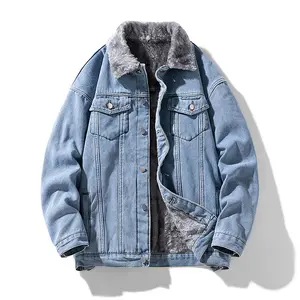 Men's Light Blue Denim Jacket with Faux Fur Lining, Retro Casual Warm Winter Trucker Jacket