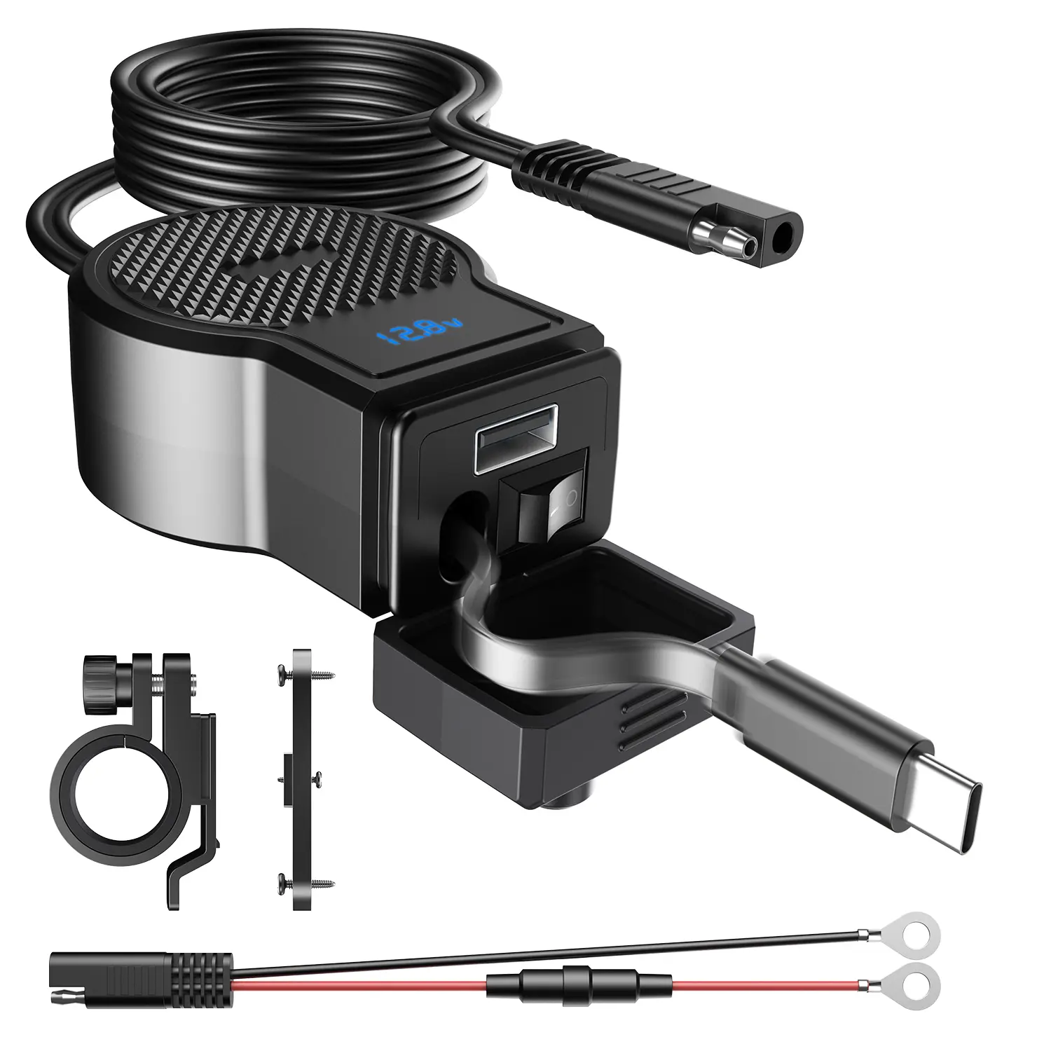 Motorcycle USB fast charger, With switch, waterproof type, with built-in C-port retractable charging cable and USB interface, digital with voltmeter