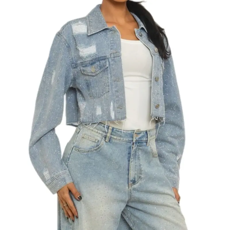 2026 Rhinestone Denim Jacket with Bling Design for Women - Fitted Long Sleeve Casual & Comfortable Everyday Wear - Stretchy Material - Classic Style