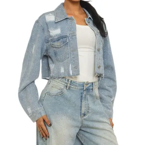 2026 Rhinestone Denim Jacket with Bling Design for Women - Fitted Long Sleeve Casual & Comfortable Everyday Wear - Stretchy Material - Classic Style