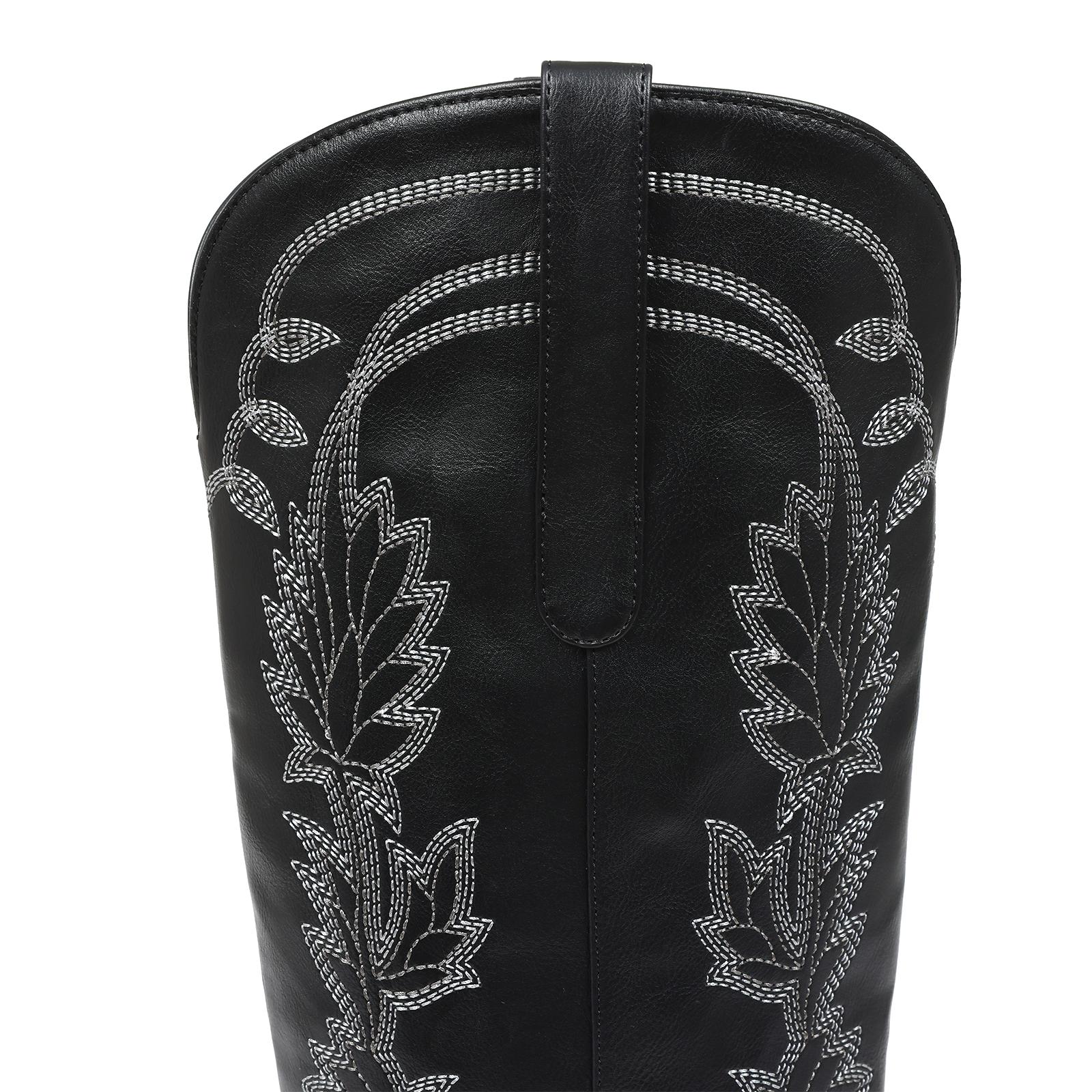 CYNLLIO Womens  Knee High Cowboy Country  Boots Snip Toe Chunky Block Heels Pull On Comfy Classic Embroided Side Zipper Fashionable Outing Walking Party Casual Riding Club Spring Wide Calf Western Fashion Boots