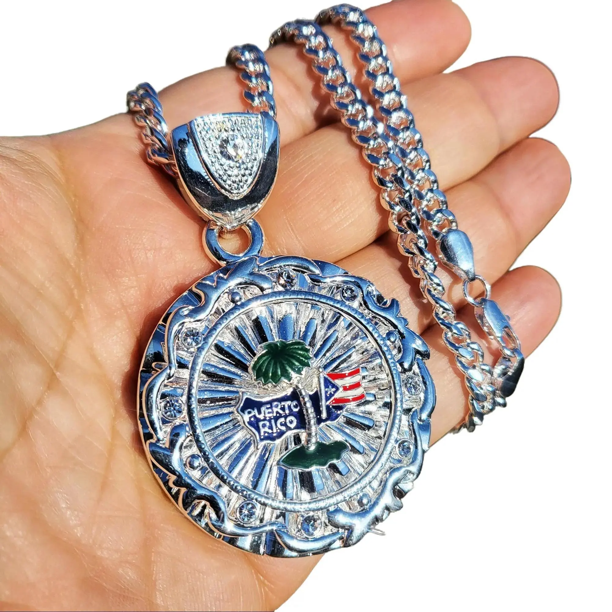 MaxBling81 Unisex Patriotic Puerto Rico Flag Medal Pendant Necklace, Silver-Plated with Cubic Zirconia, 6mm Cuban Rope Chain (20-30 Inch Multi-Size), Chain & Link for Casual Wear Everyday Use, Daily, Metal Coating, Sparkly, Synthetic/Simulated Coloured Ge