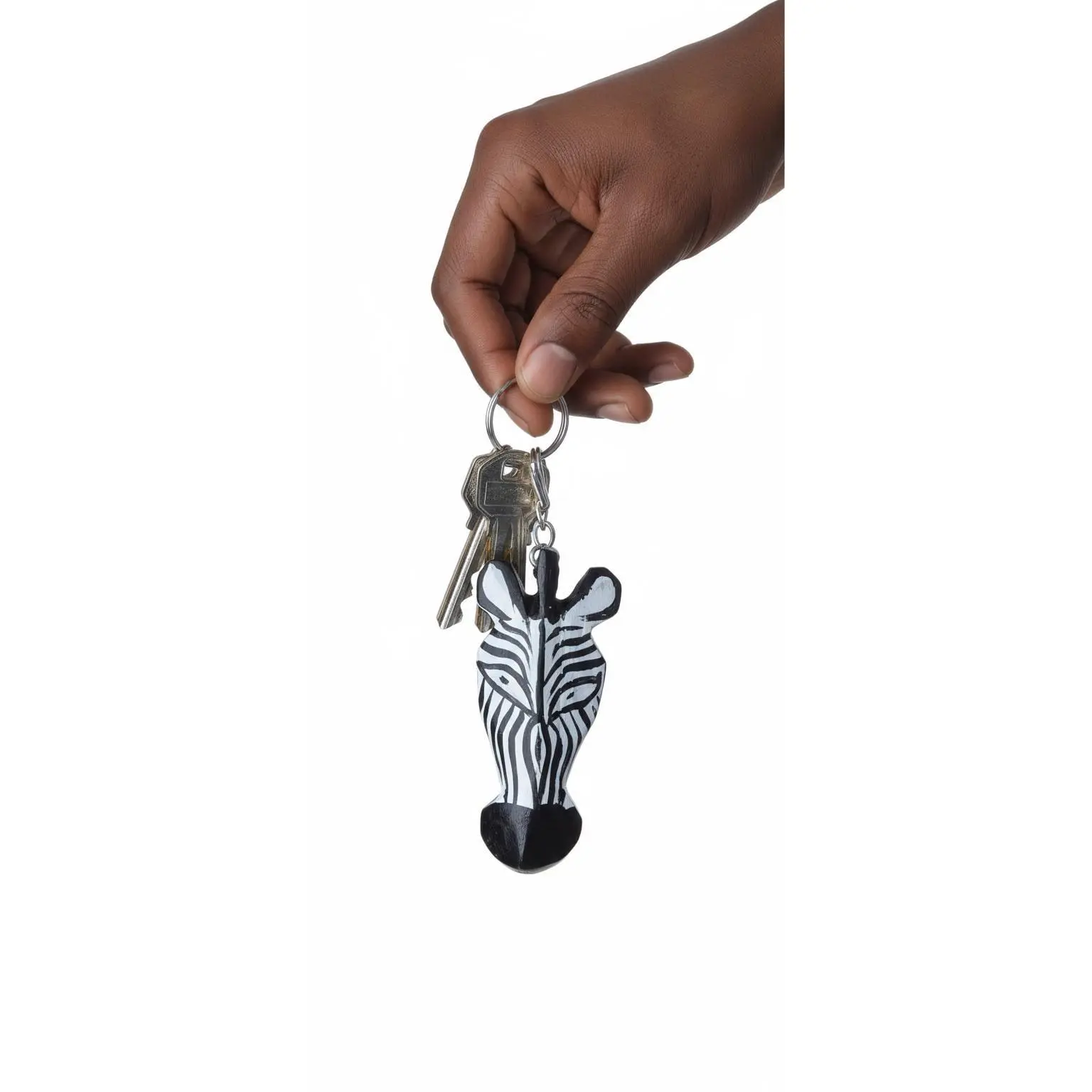Zebra Head Wooden Keyholder, Handmade African Carved Wood Safari Animal Keyring