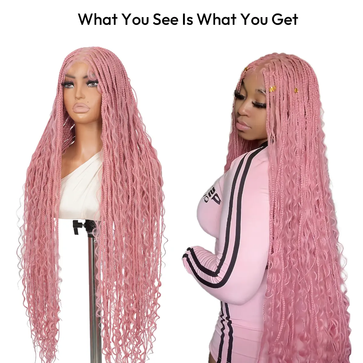 SuperNova #Pink 36" Full Lace Bohemian Knotless Box Braided Wig – Lightweight, Breathable, Natural Look, Long-Lasting & Easy to Maintain #SummerVibes Synthetic Boho Braids Synthetic Braided Wig