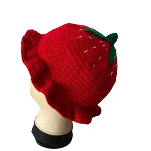 Must-Have Squid Game Strawberry Hat - Bold Red with Green Leaf Twist, Soft Knit Design, Ideal for Casual Wear