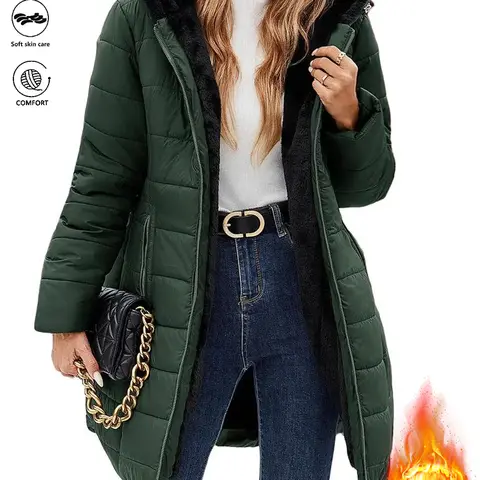 LIFE KEEPS MOVING women’s autumn/winter fleece-lined thick plush hooded jacket/coat, asymmetrical pocket design, fashionable mature slim-fit warm versatile solid-color outerwear, windproof insulated top, Christmas gift, new arrival for fall