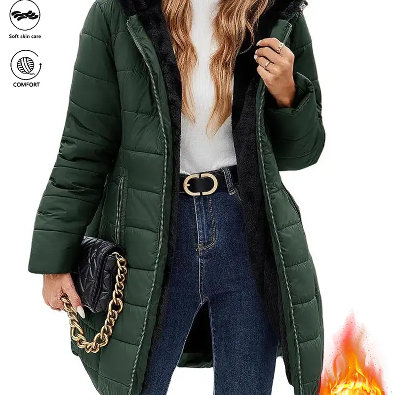 LIFE KEEPS MOVING women’s autumn/winter fleece-lined thick plush hooded jacket/coat, asymmetrical pocket design, fashionable mature slim-fit warm versatile solid-color outerwear, windproof insulated top, Christmas gift, new arrival for fall