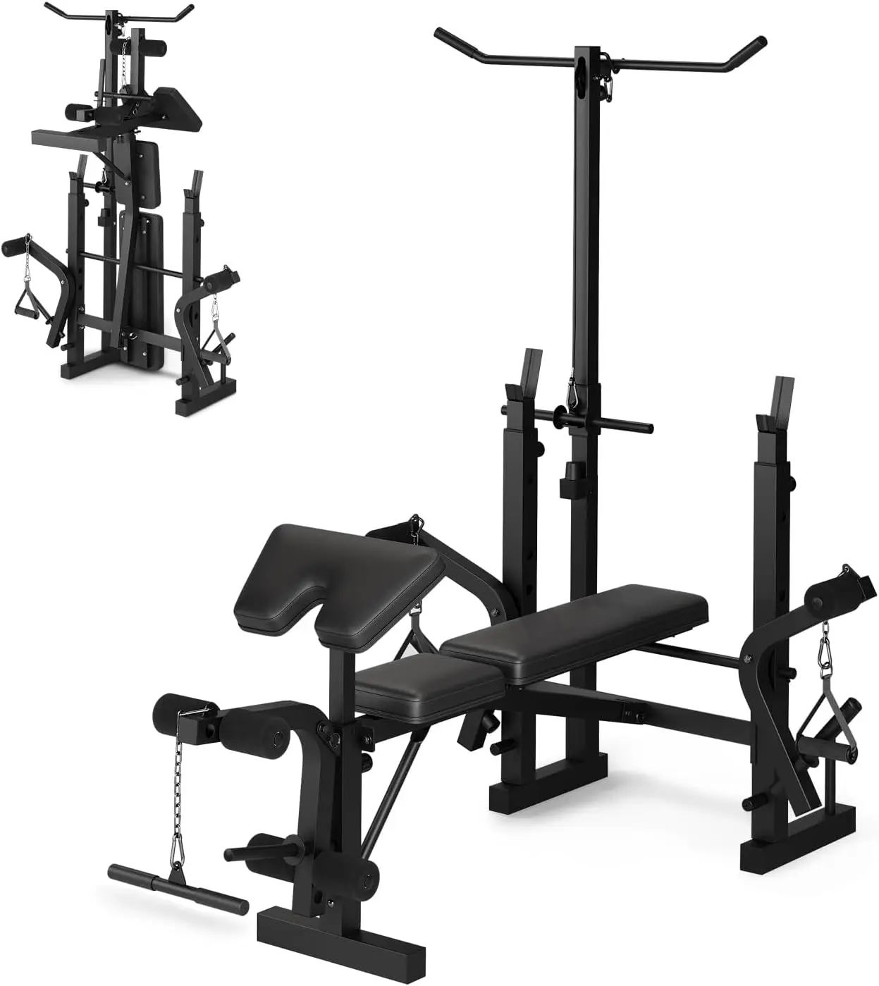 Gaomon 7-in-1 Foldable Weight Bench Set for Home Gym - Steel Frame, 900 LBS Capacity, Squat Rack, Leg Extension & Curl, LAT Pulldown, Preacher Curl Pad, Adjustable Design, Breathable Leather, Full Body/Abs/Resistance Training, Full Body Workout, Strength
