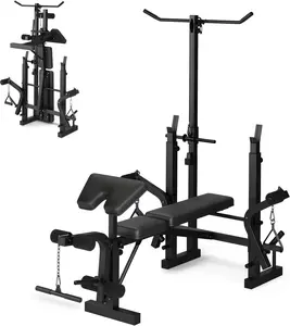Weight Bench Set for Home Gym, 7-in-1 Multifunctional Foldable Bench Press with Squat Rack, Leg Extension & Curl, LAT Pulldown & Preacher Curl Pad, Adjustable Workout Bench, 900 LBS Capacity Strength Training