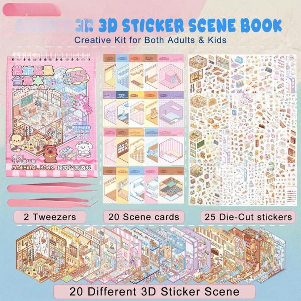 20 Sets DIY 3D Sticker Scene, Sticker Therapy Scenes Collection Book for Adults Stress Relief Pass The Time, Make Your Own House Miniature Cute Cartoon Animal Isometric Scene Funny Stickers