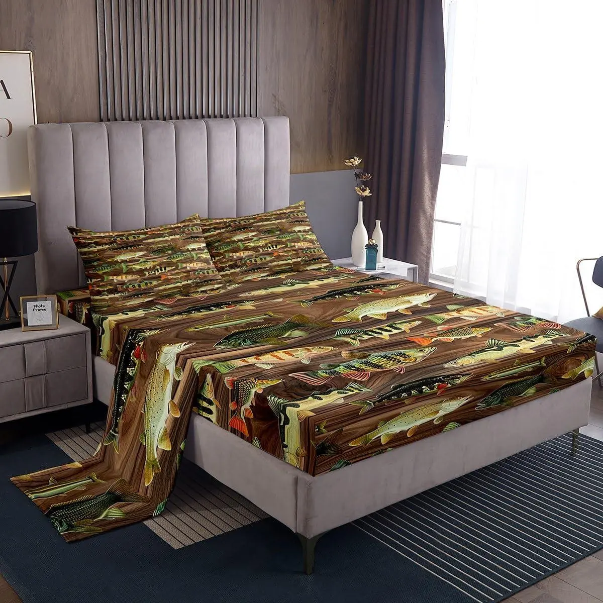 Bass Fish Bed Sheets Set Fishing and Hunting Fitted Sheet Brown Wood Plank Decor Bedding Set,1 Fitted Sheet + 1 Flat Sheet