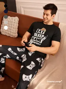 Men's Simple Style Casual Sleepwear Set, Includes Matching Short Sleeve Shorts, Game Machine Print, Suitable for All Seasons