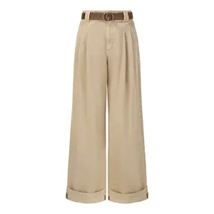 Cotton Denim Straight Wide Leg Women Folded Jeans With Belt