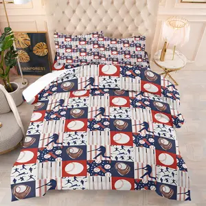 American Baseball Theme Comforter Set & 1-2 Pillowcases No Core, Baseball, Glove, Bat, Batting Silhouette, Baseball Stitching Elements Grid Patchwork Design, Sports Style Bedroom Decor, Gift Choice