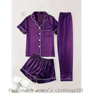 Women's Satin Pajama Set, 3-Piece Casual Solid Color Pajamas, Short Sleeve Lapel Shirt, Elastic Long Pants and Shorts, 95% Polyester and 5% Spandex, Woven Lapel, Button, 90g/m² - Sizes S-XL Loungewear Nightwear Womenswear Style Homewear Elegant