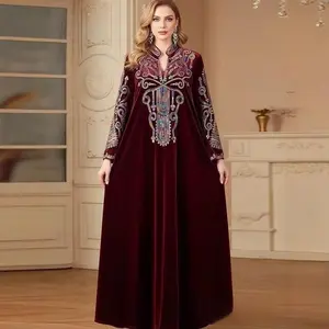 Plus Size Gold Velvet Long Dress Women's plus Size Clothing Embroidered Fashion Autumn Winter Thickened A- Line Skirt V-Neck ...