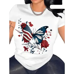 Women's Short-Sleeve Round Neck T-Shirt - Patriotic American Flag Floral Print Casual Fitness Top for American Independence Day, Spring, White | Women's Clothing, Sports & Outdoor Top, Shortsleeve