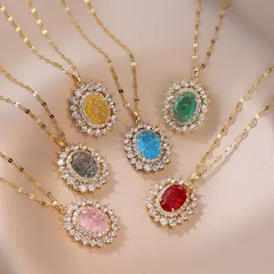 Princess Diana Kate Middleton Amethyst Citrine Garnet Peridot Topaz Ruby Sapphire Simulated Emerald Pendant Necklace for Women, Real 18K Plated Copper Gemstone Jewelry