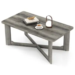 COSTWAY - Rectangle Coffee Table Rubber Wood Base with X-Shaped Base-Gray