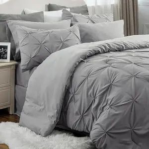 Queen Comforter Set - 7 Pieces Comforters Queen Size Grey, Pintuck Bedding Sets Queen for All Season, Bed in a Bag with Flat Sheet and Fitted Sheet, Pillowcases & Shams