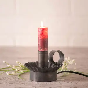 Cottage Chamberstick in Kettle Black - Decorative Candle Holder with Red Glaze and Metal Base