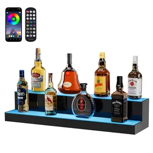 VEVOR Transparent Acrylic LED Lighted Liquor Bottle Display, 2-Tier 30-Inch Commercial Home Bar Shelf, Whiskey Rack Stand with RF Remote & App Control, Multicolor Lighting