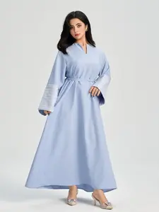 Women's Plain Embroidery Long Sleeve Modest Style Dress, Casual Long Arabian Dress for Daily Wear, Muslim Clothing for All Seasons